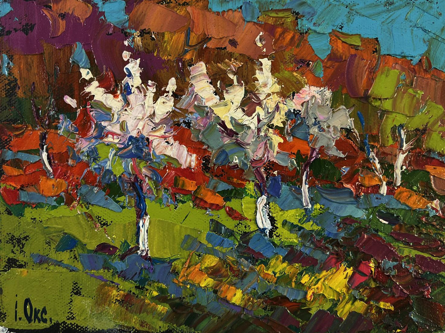 Vibrant impressionist oil painting of flowering trees in garden by Oksana Ivanyuk