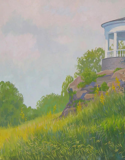 White columned gazebo on rocky hillside, Summer morning in the park by Valery Savenets acrylic painting