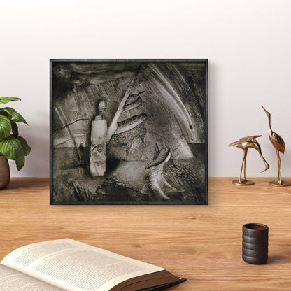 Black-framed etching painting by unknown artist with textured monochromatic brushstrokes