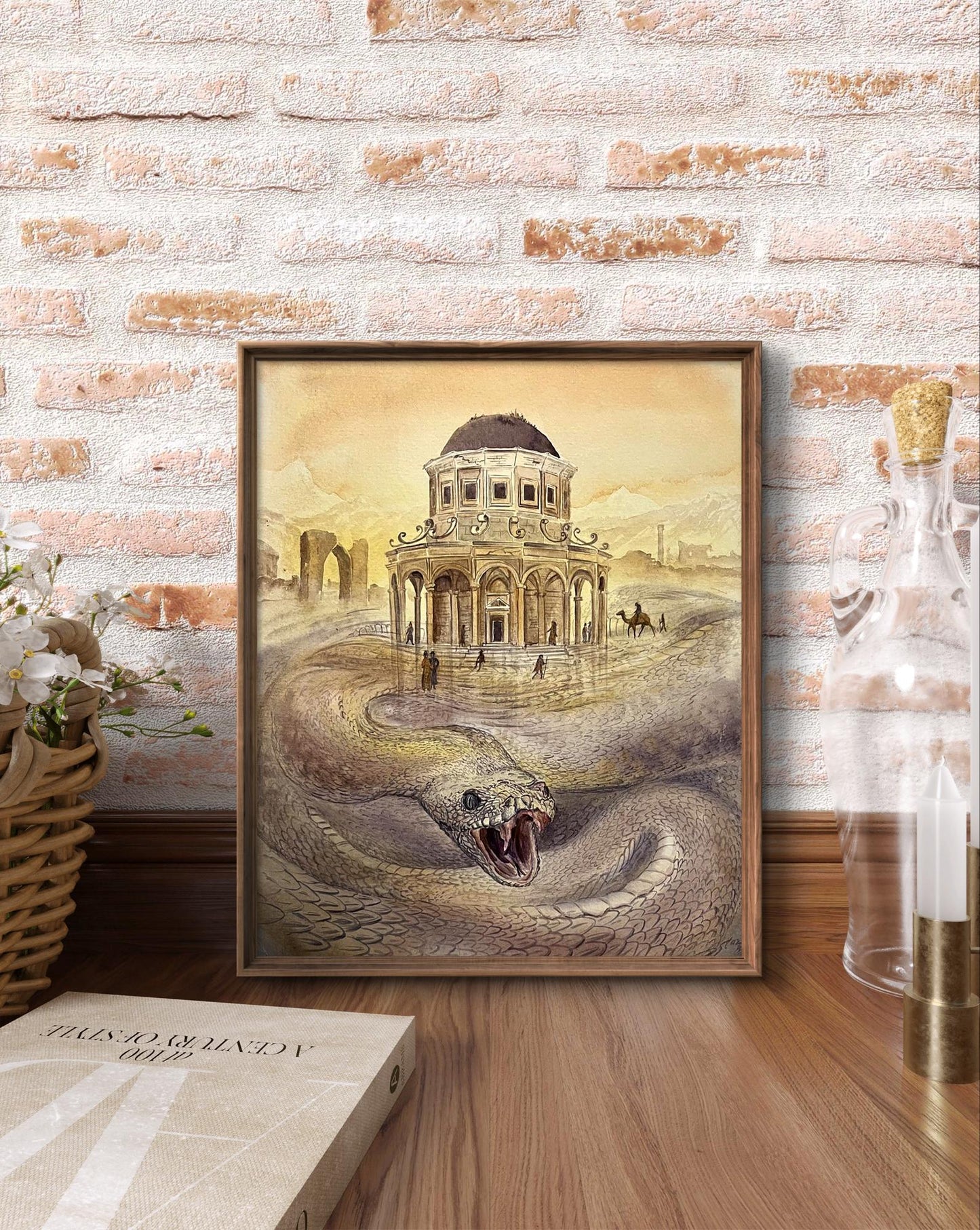 Framed Watercolor The Gate of Paradise by Dmytro Startsev with dome and serpent