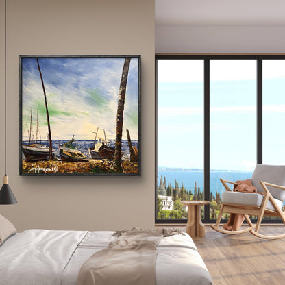 Oil painting Dock by Serhiy Kovalev, boats and palms in black frame