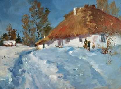 Oil painting of rustic white thatched cottage in snowy village yard by Yuriy Suprunchuk