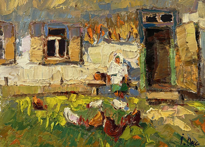 Rustic oil painting by Oksana Ivanyuk of woman near house with chickens