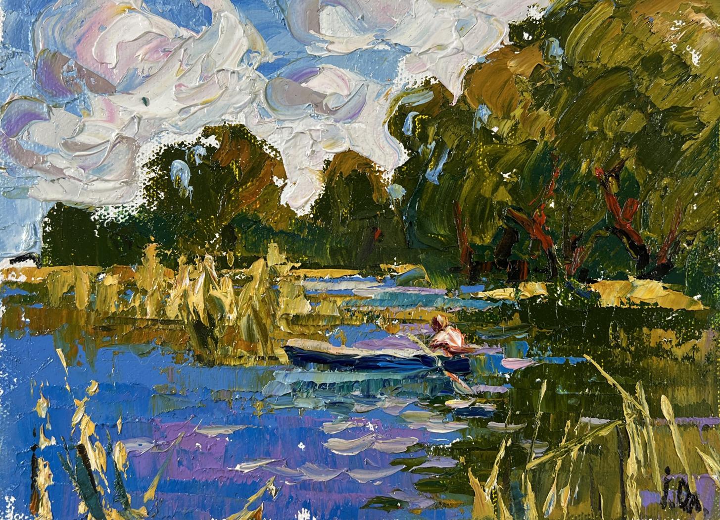 Vibrant oil painting by Oleksiy Ivanyuk: blue rowboat on reflective river