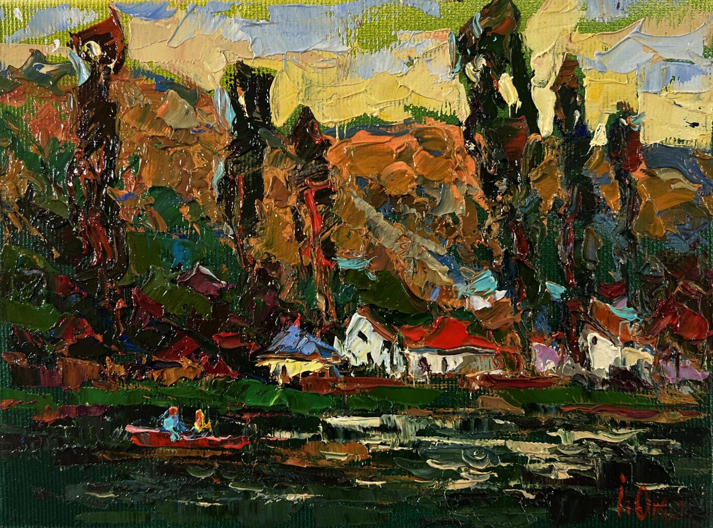 Vibrant impressionist oil painting of Oksana Ivanyuk lakeside village walk