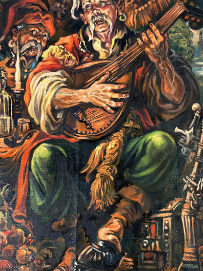 Oil painting of musician with lute and hunter by Alexander Litvinov