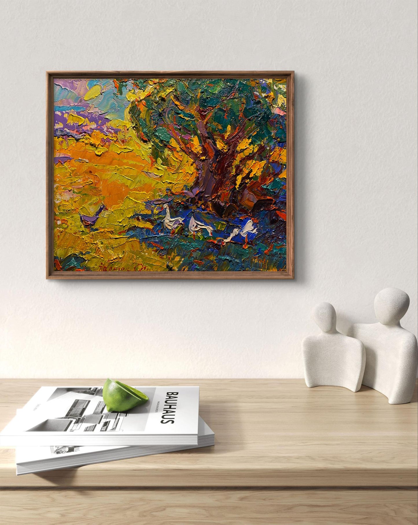 Oil painting Geese in the shade of willows by Oleksiy Ivanyuk in wooden frame