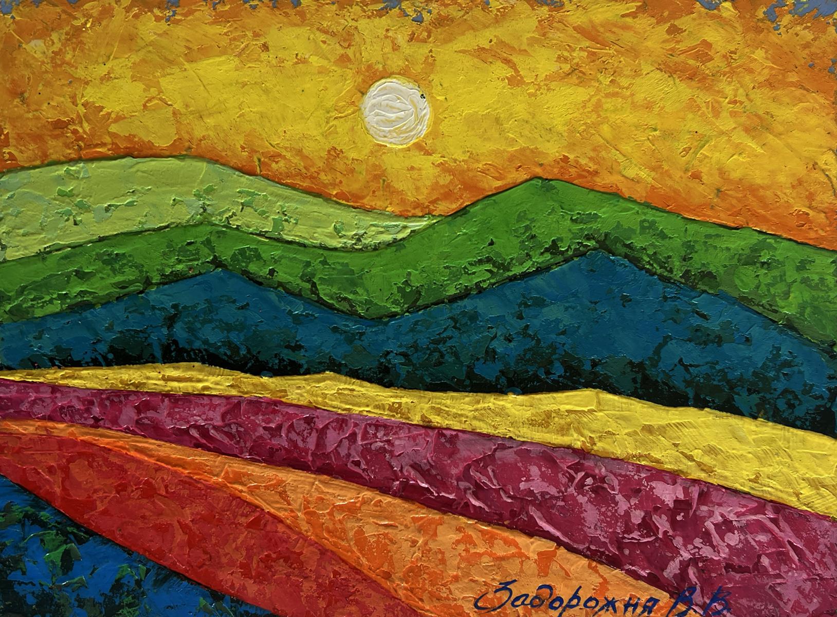 Vibrant oil painting by V. Zadorozhnya: layered mountain silhouettes under radiant orange sky