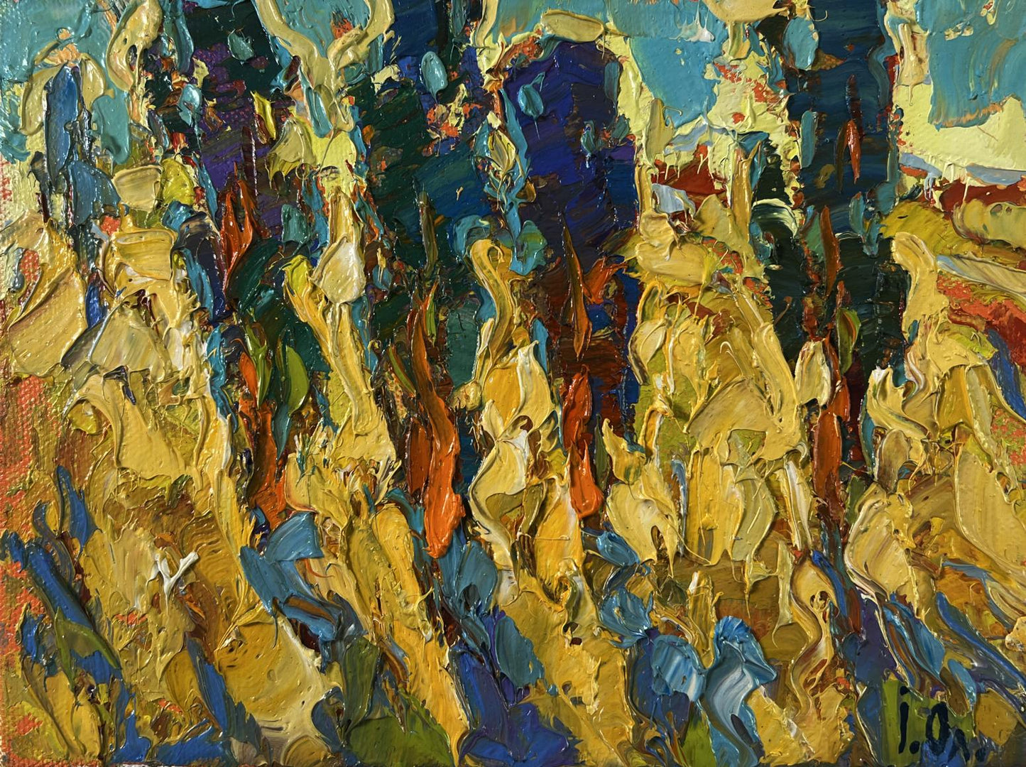 Vibrant Spring Silence oil painting by Oleksiy Ivanyuk in gold, blue, orange impasto