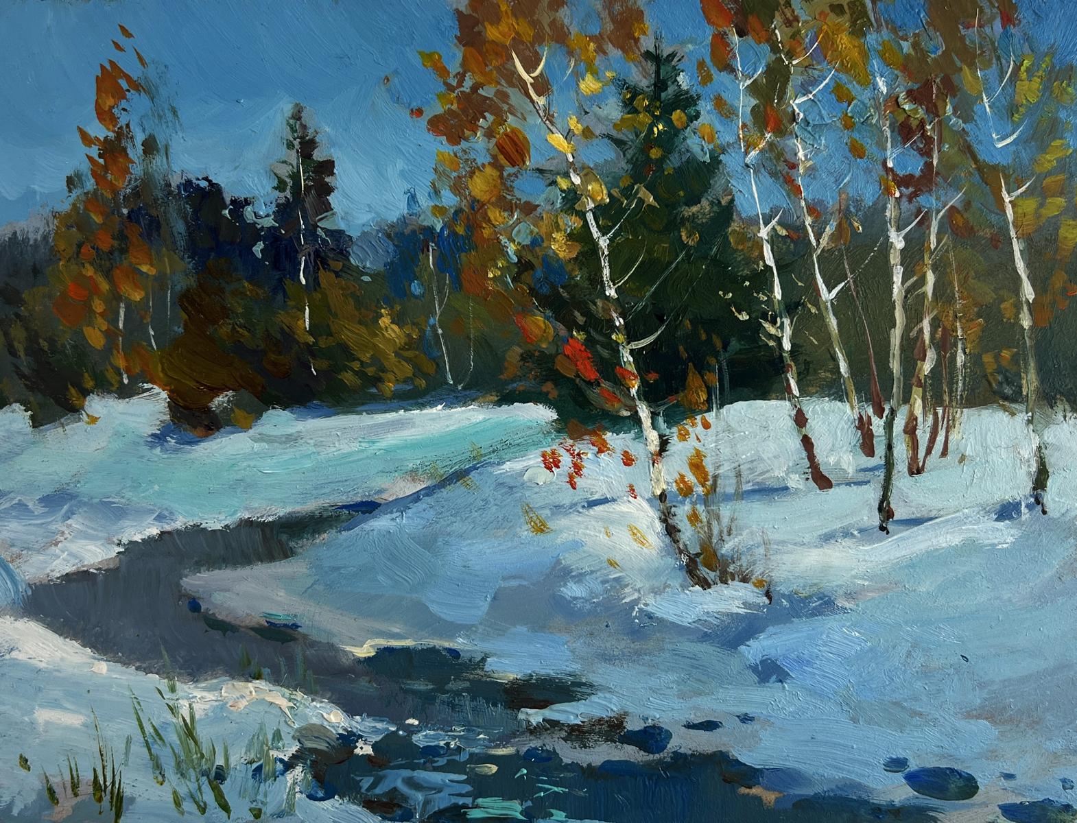 Oil painting by Yuriy Suprunchuk: autumn birch trees by snowy stream