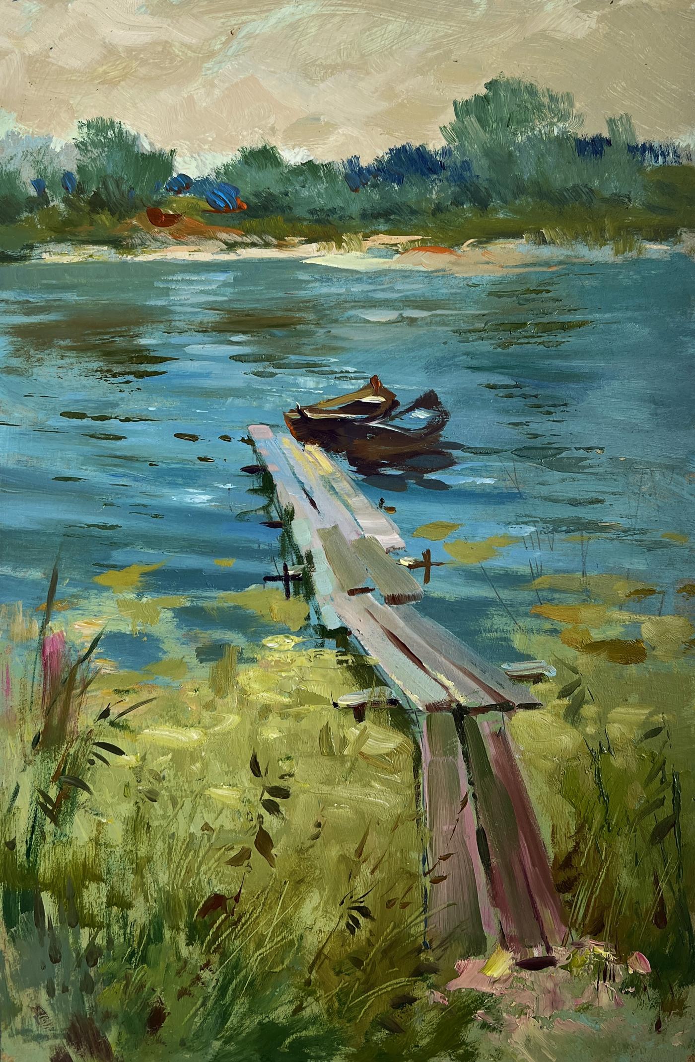Oil painting of weathered dock, rowboat at rest by river by Yuriy Suprunchuk