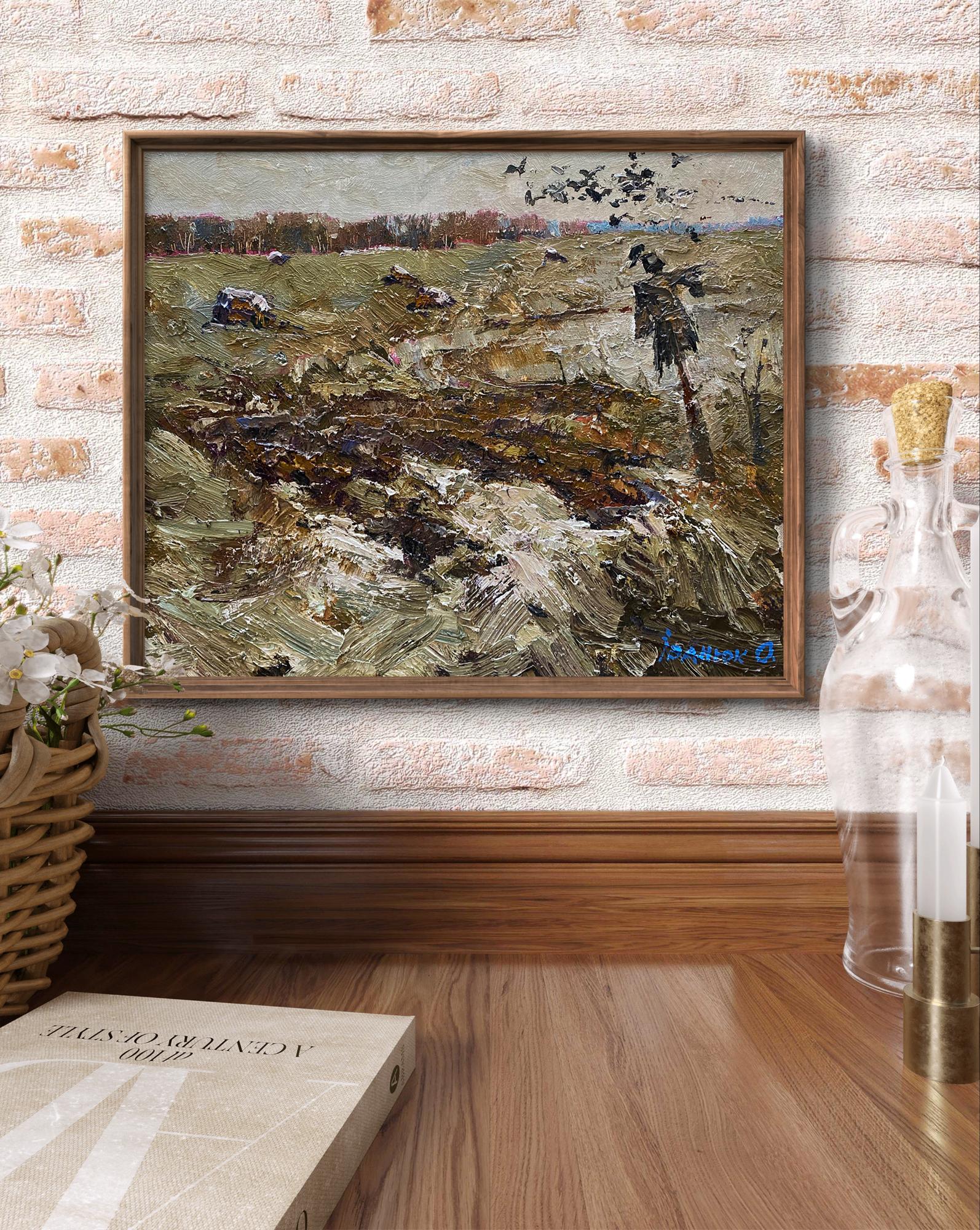 Oil painting Deep Autumn by Oleksiy Ivanyuk rural landscape with birds