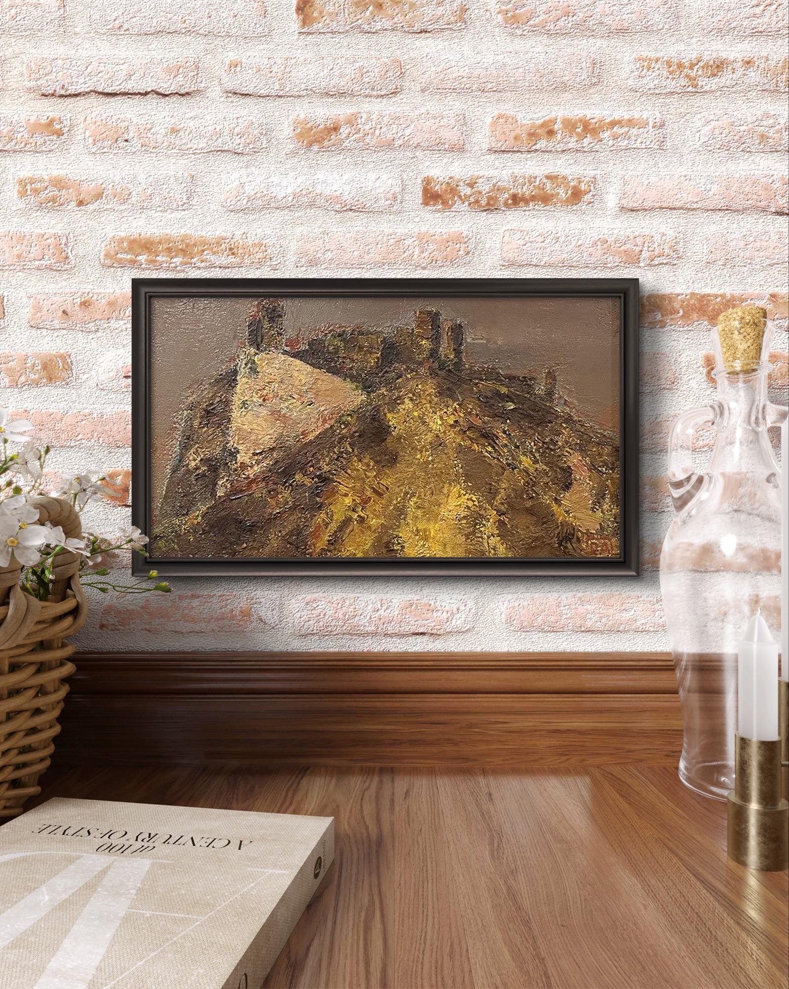 Oil painting Fortress Arsen Rustamov: textured brown gold landscape in black frame