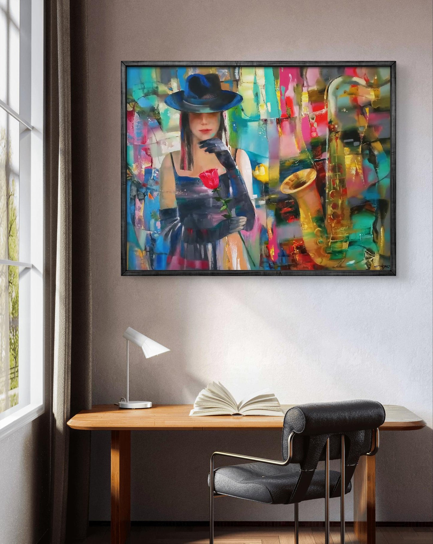 Abstract Evening Blues oil painting by Anatoly Tarabanov with woman in blue hat and rose