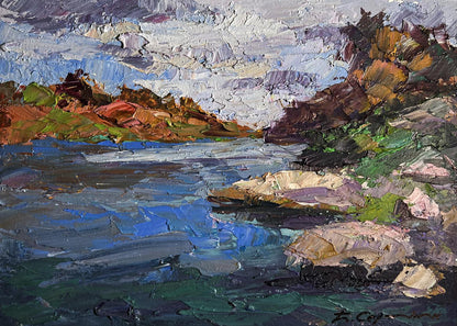 Impasto oil painting Stone Coast by Boris Serdyuk, rocky river landscape