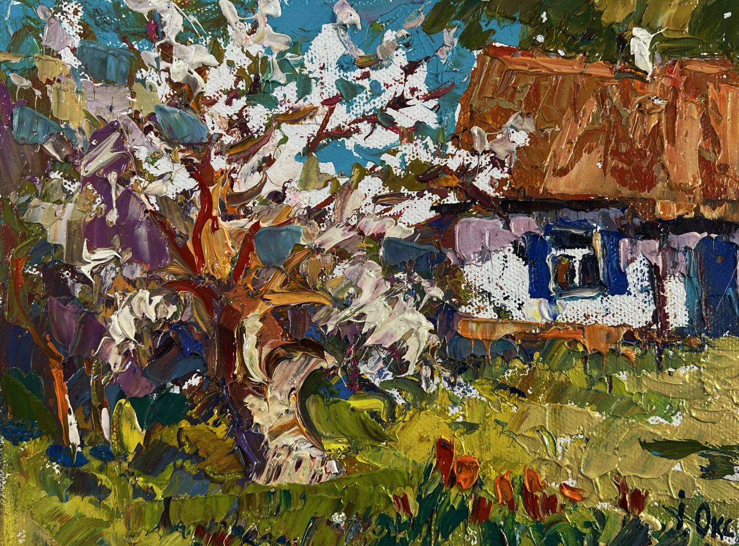 Oil painting Bright day bringing hope by Oksana Ivanyuk with white tree cottage