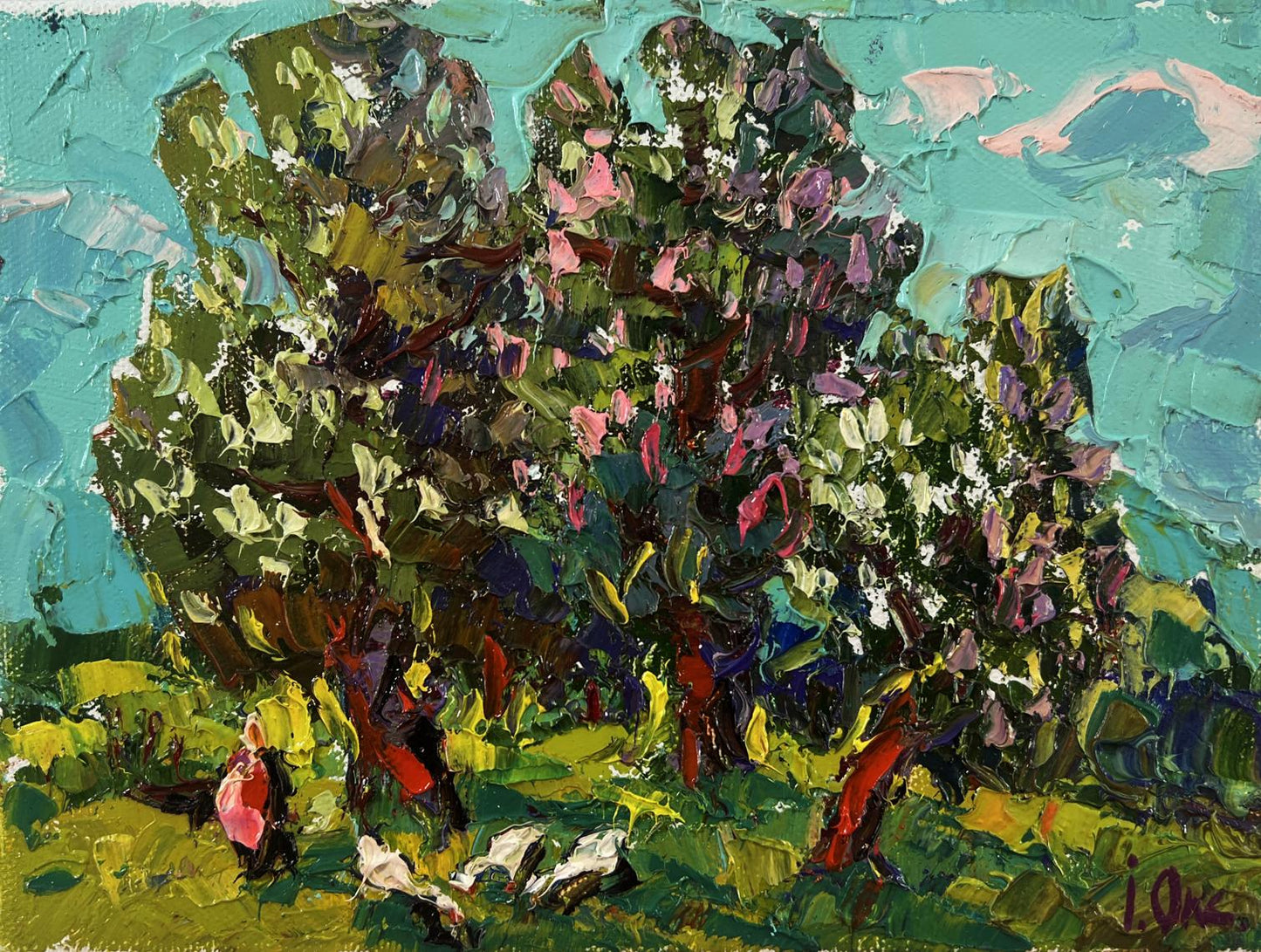 Vibrant impressionist oil painting of flowering chestnut trees by Oksana Ivanyuk