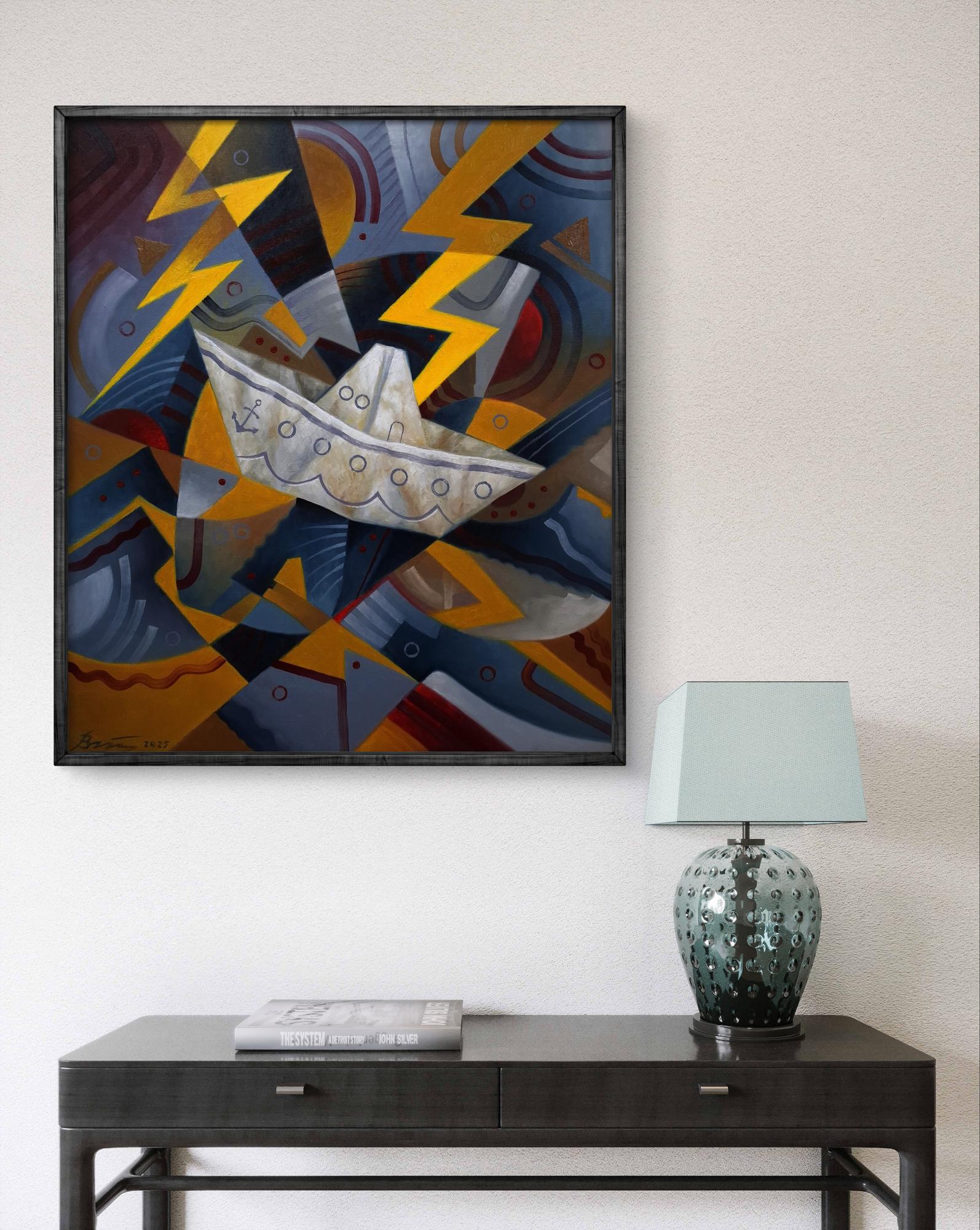 Oil painting The ship was caught in a storm by Sergiy Voichenko in black frame