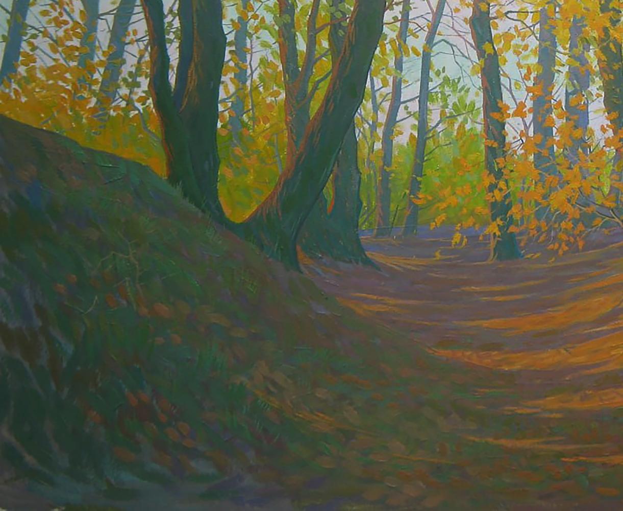 Oil painting of autumn sunny forest path by Valery Savenets