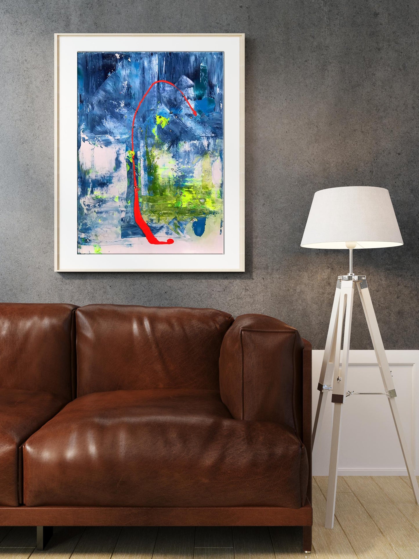 Framed Acrylic painting Torn beads by Olga Melezhik on gray wall