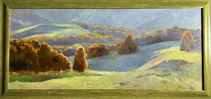 Oil painting Autumn mountains by Tatyana Derdey, serene hills and hay bales