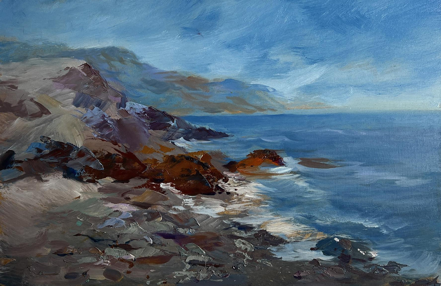 Oil painting by Yuriy Suprunchuk of sea waves beating against rugged shore rocks