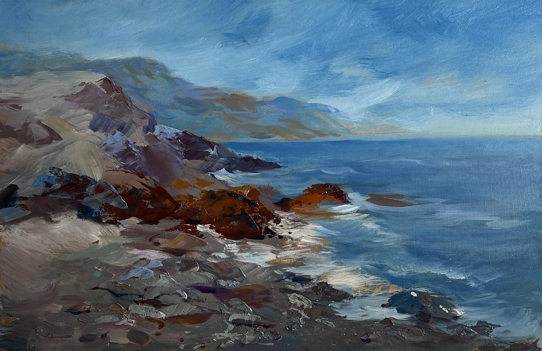 Oil painting by Yuriy Suprunchuk of sea waves beating against rugged shore rocks