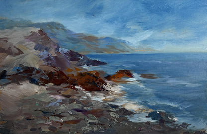 Oil painting by Yuriy Suprunchuk of sea waves beating against rugged shore rocks