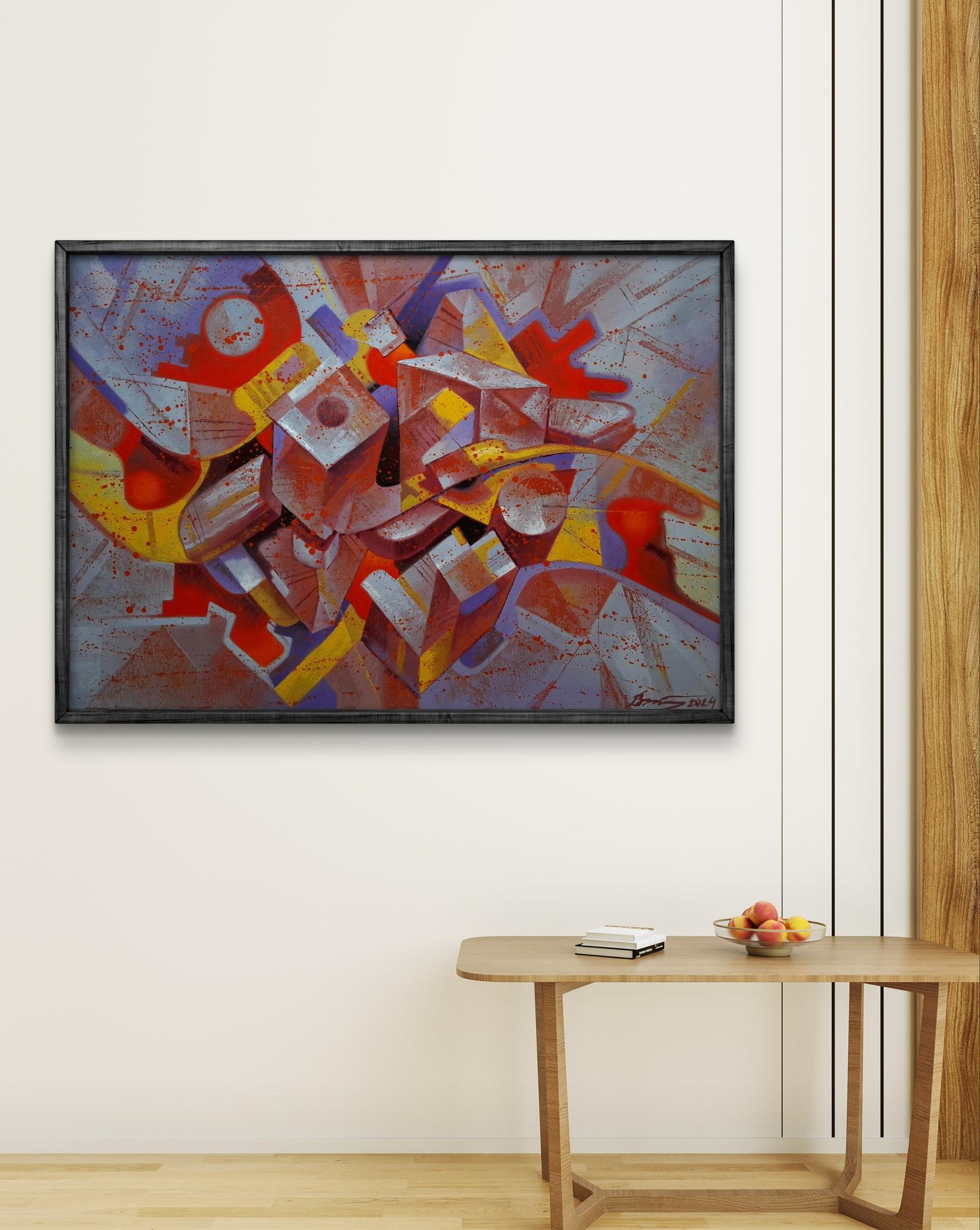 Vibrant abstract oil painting by Sergiy Voichenko with smoking pipe, bold geometric shapes