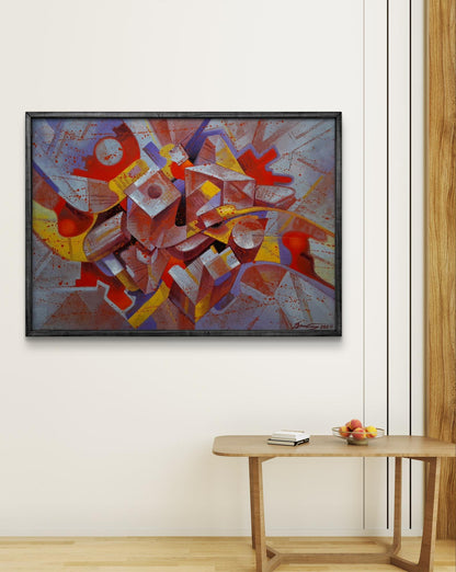 Vibrant abstract oil painting by Sergiy Voichenko with smoking pipe, bold geometric shapes