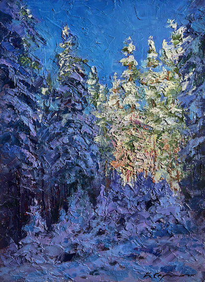 Oil painting Winter in the forest by Boris Serdyuk: snowy evergreens