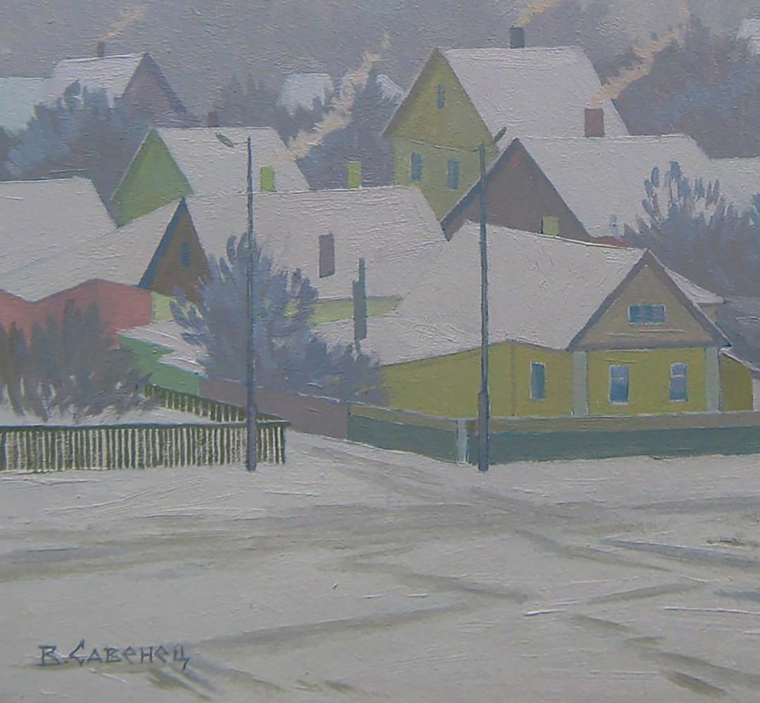 Oil painting City in the snow by Valery Savenets winter village scene