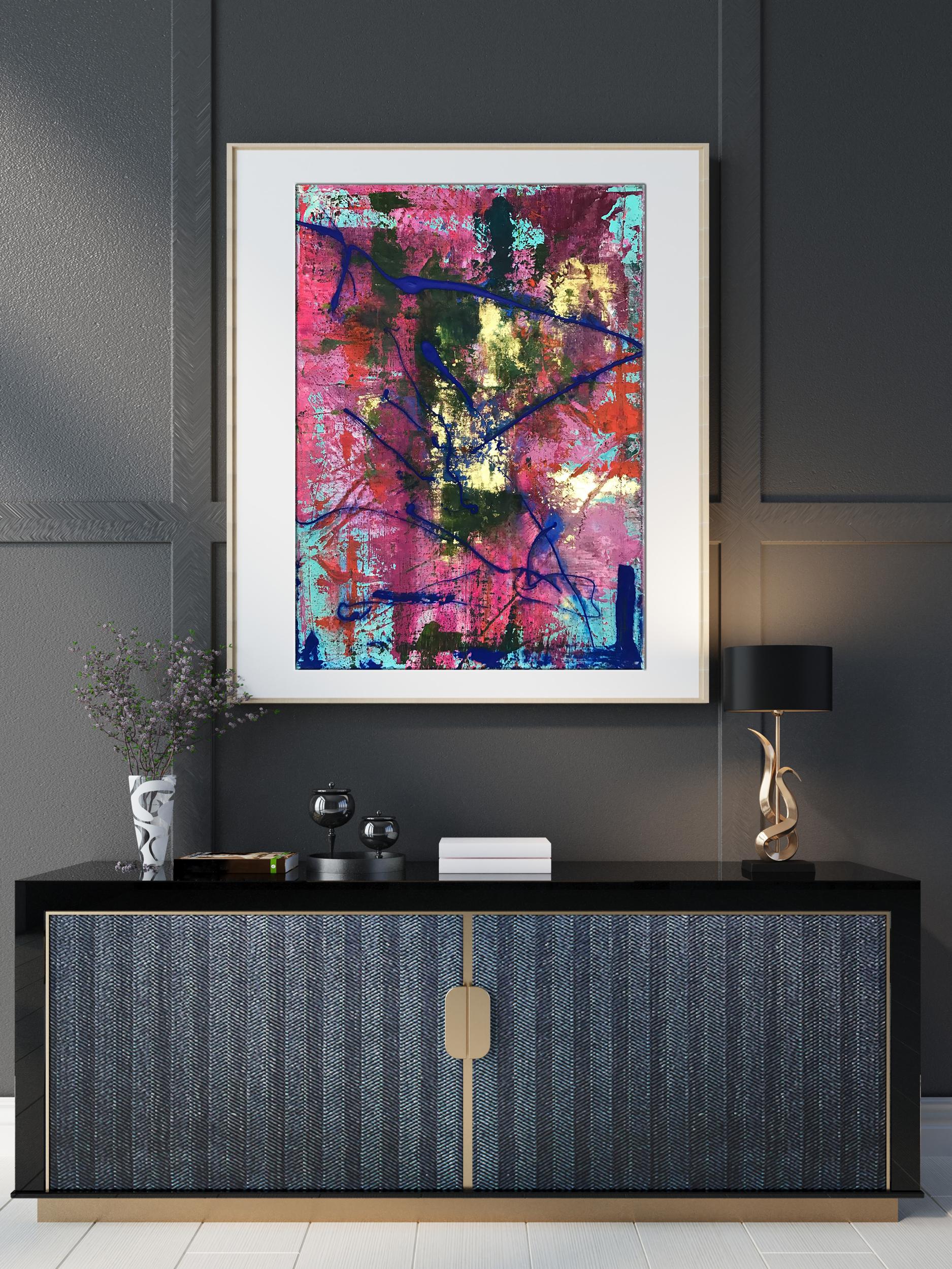 Vibrant acrylic painting Delight by Olga Melezhik in white frame