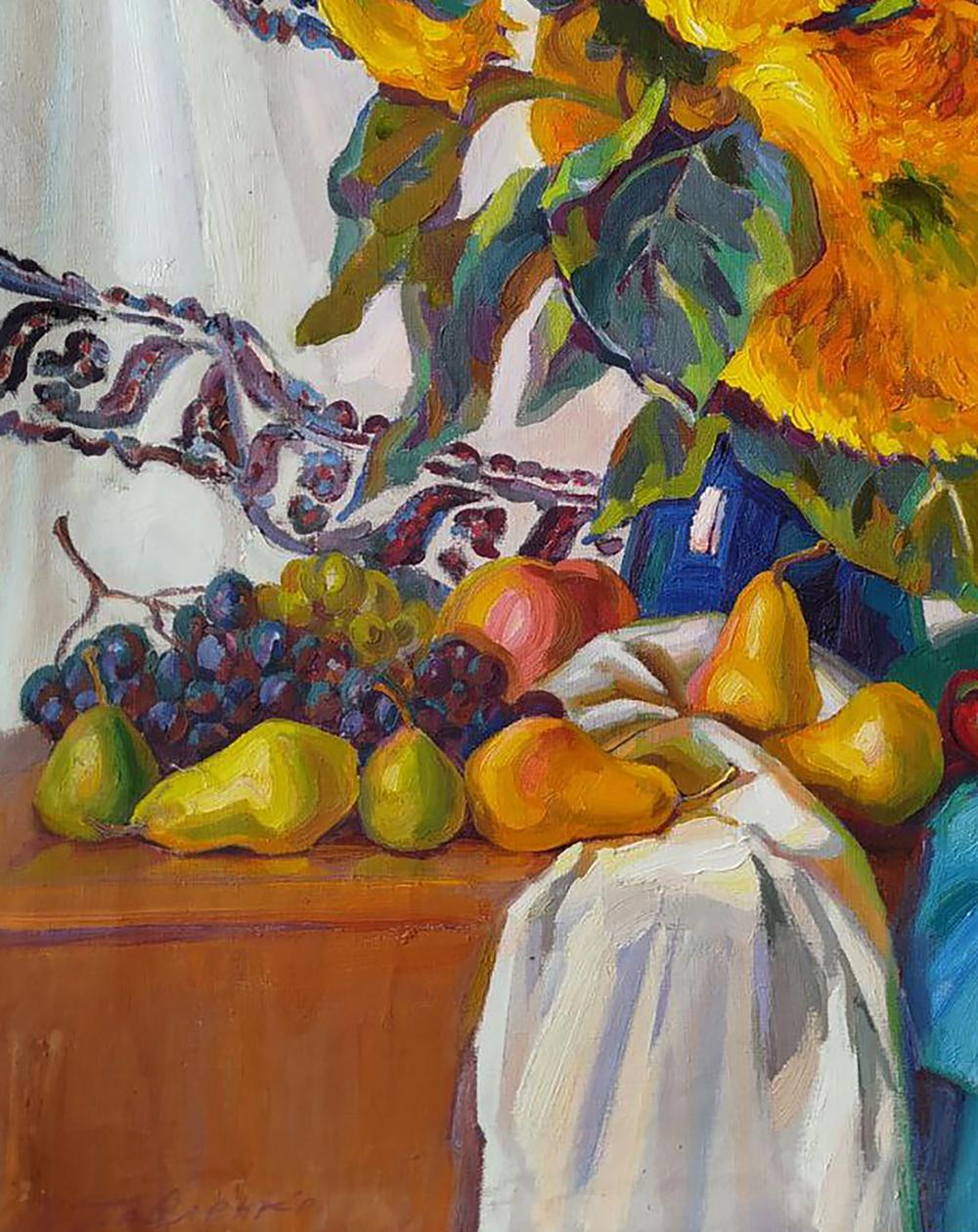Oil painting Autumn sunflowers Leonid Pavlenko vibrant yellow flowers grapes pears