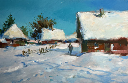 Oil painting by Yuriy Suprunchuk: snow-covered wooden houses with thatched roofs