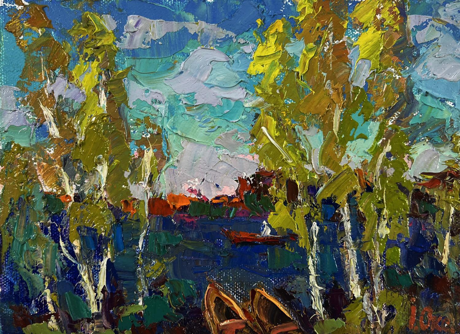 Vibrant impressionist oil painting by Oksana Ivanyuk: first leaves reflected in water with birch trees and red boat