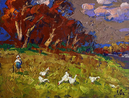 Oil painting Warm evening days by Oleksiy Ivanyuk: figure with geese amid red trees