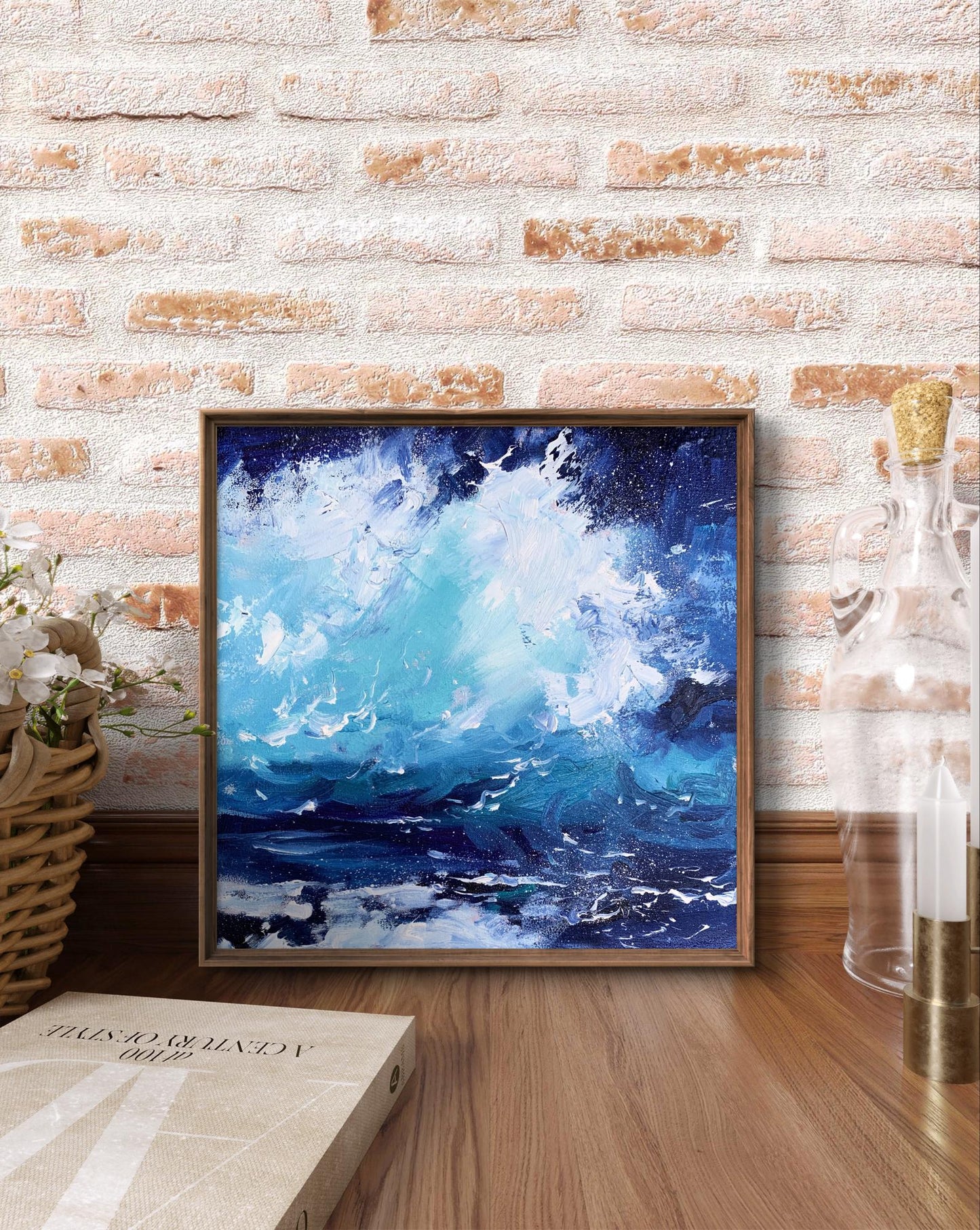 Framed abstract oil painting Sea wavy breeze by Tatyana Derdey, crashing blue waves