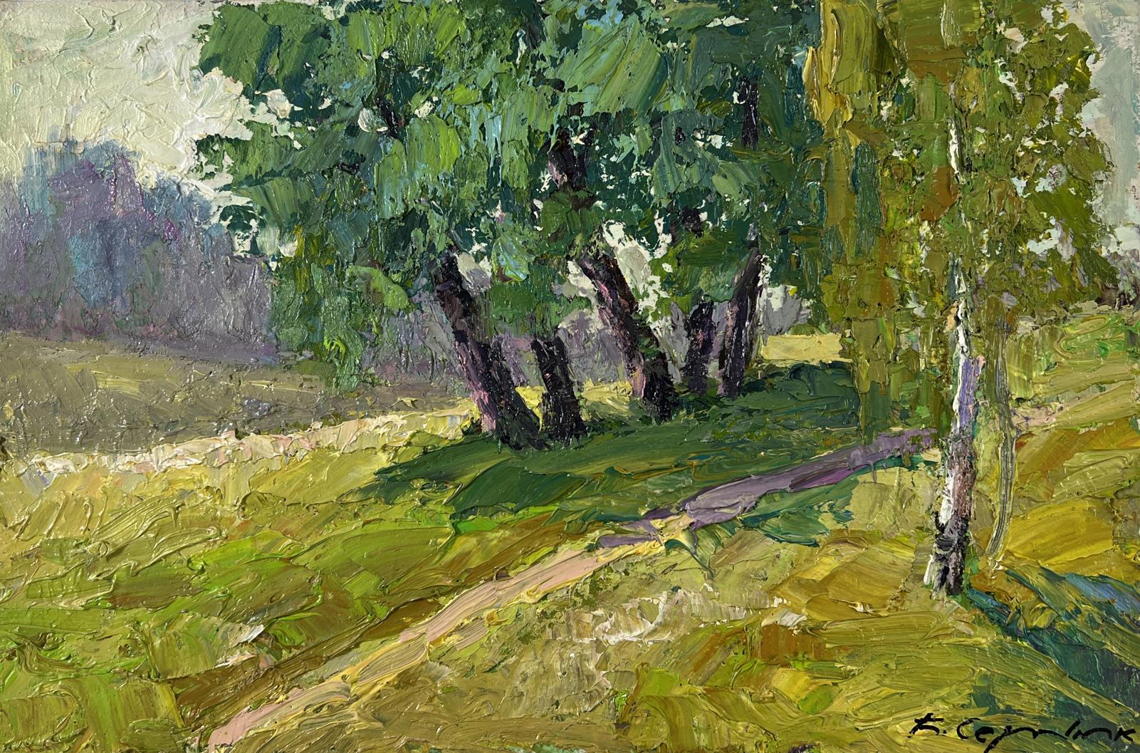 Impressionistic oil painting In the sunlight by Boris Serdyuk with lush green trees