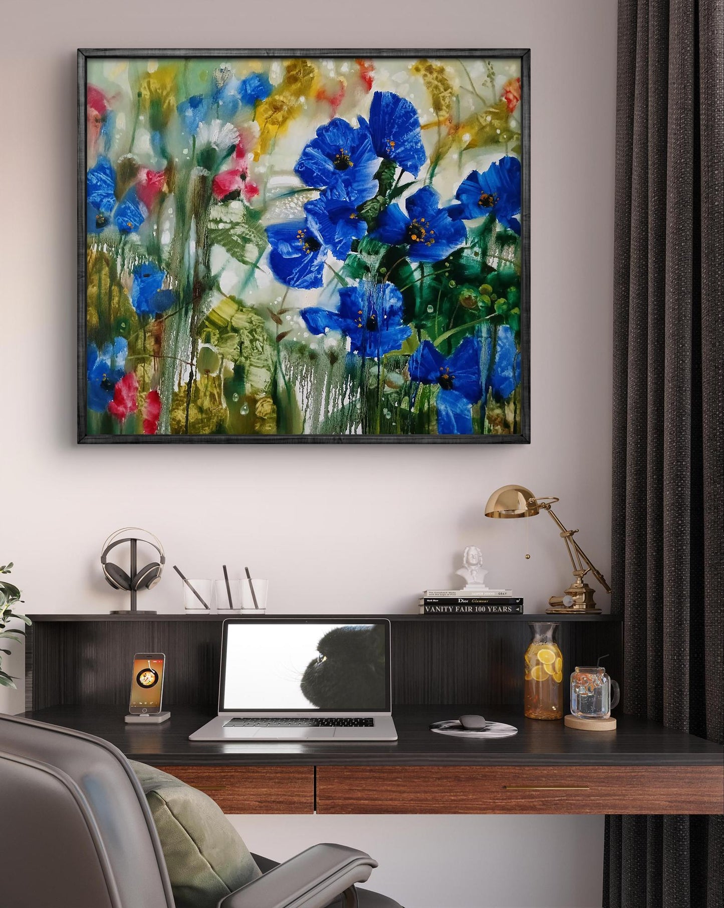 Vibrant blue poppy Morning Dew abstract oil painting by Anatoly Tarabanov in black frame