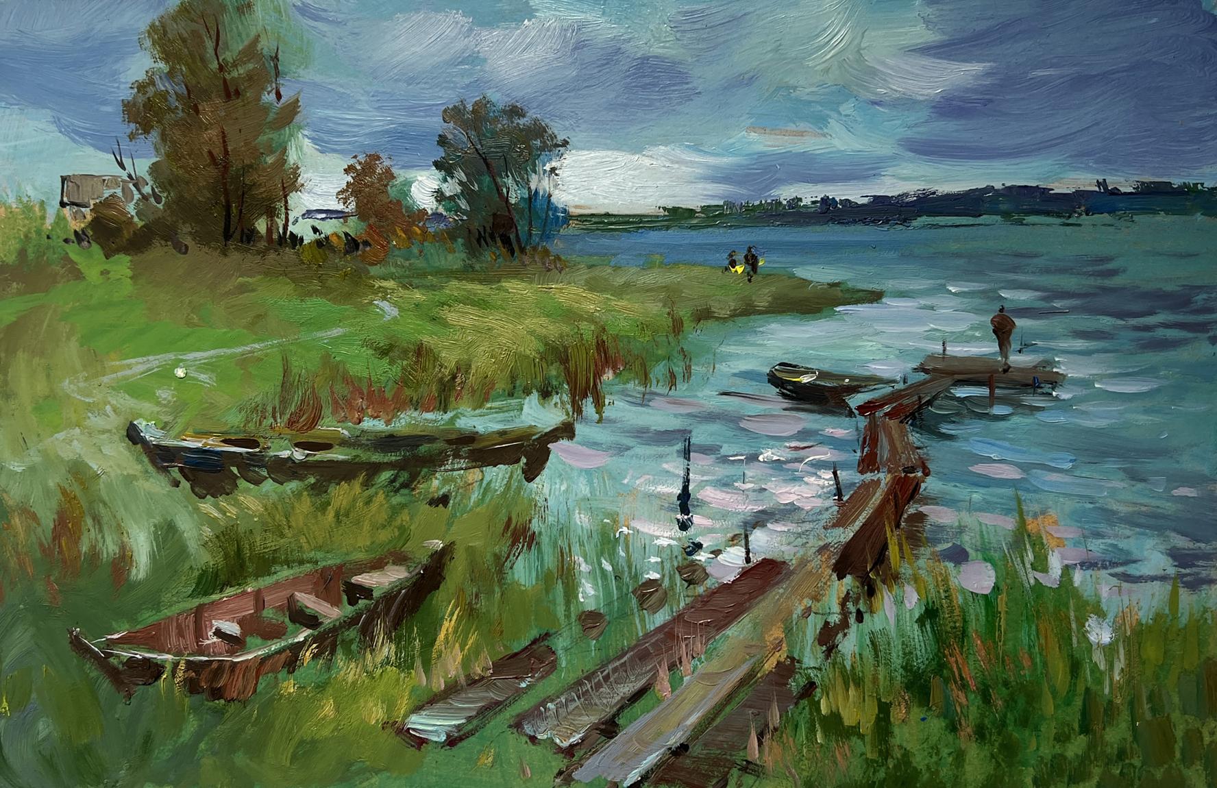 Oil painting River melancholy by Yuriy Suprunchuk: weathered dock in calm lake