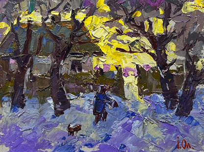 Vibrant impressionist oil painting Over the Evening by Oleksiy Ivanyuk winter scene