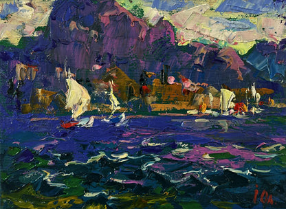 Vibrant impressionist oil painting by Oleksiy Ivanyuk of sailboats on purple green coastal waters with colorful cliffs