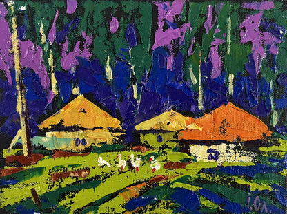 Vibrant Oleksiy Ivanyuk oil painting of colorful huts, ducks under peaceful sky