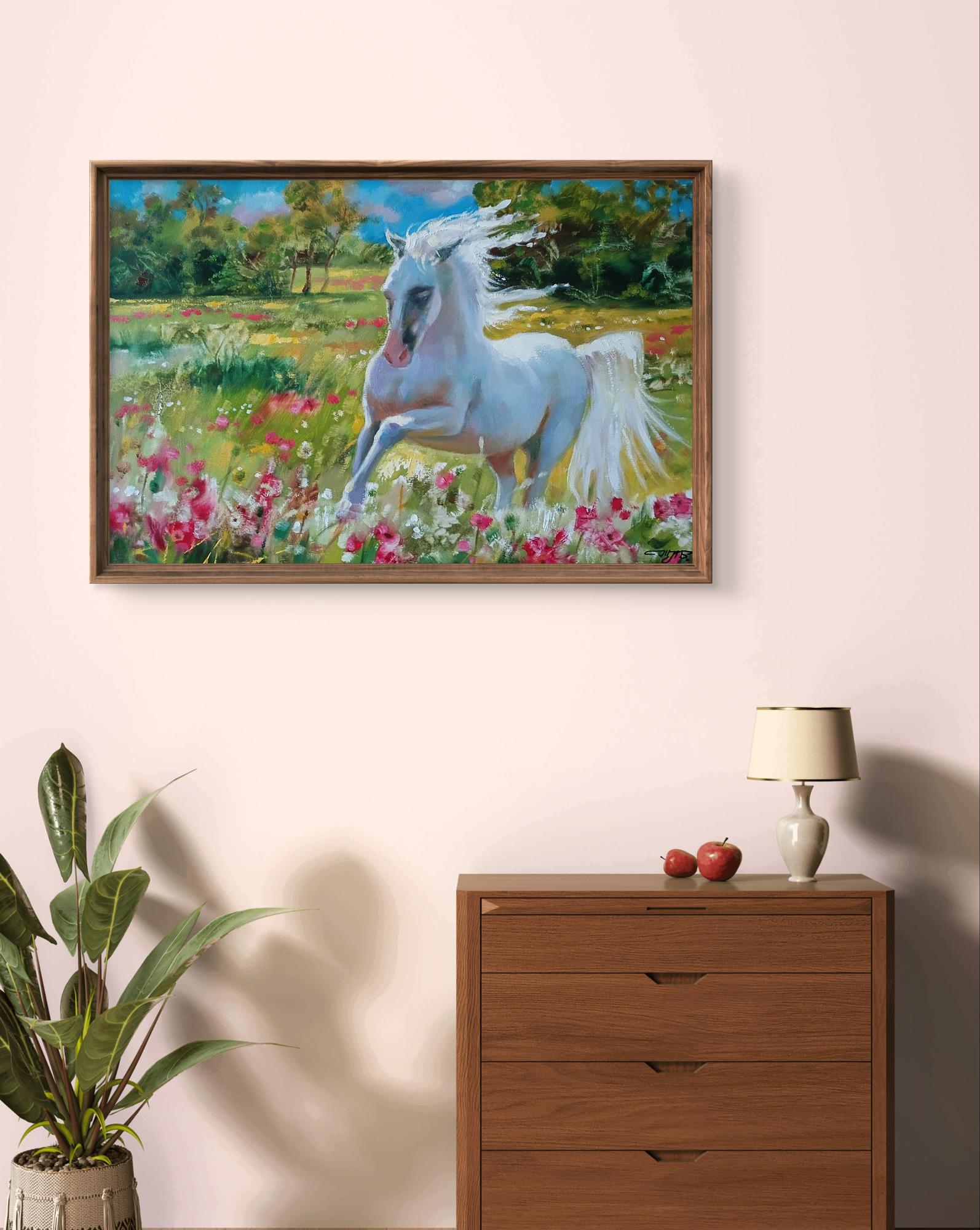 Framed oil painting by Anatoly Tarabanov of white horse galloping in pink red flowers