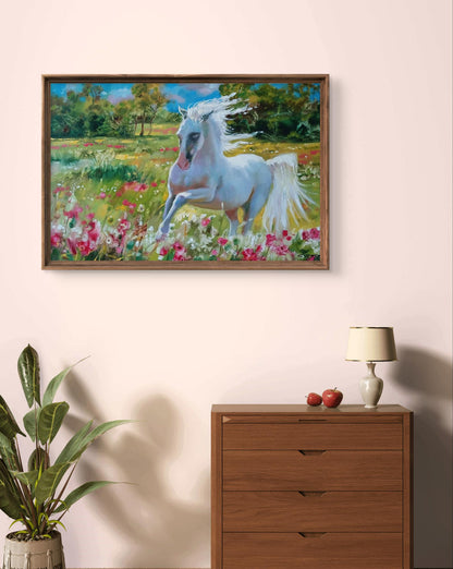 Framed oil painting by Anatoly Tarabanov of white horse galloping in pink red flowers