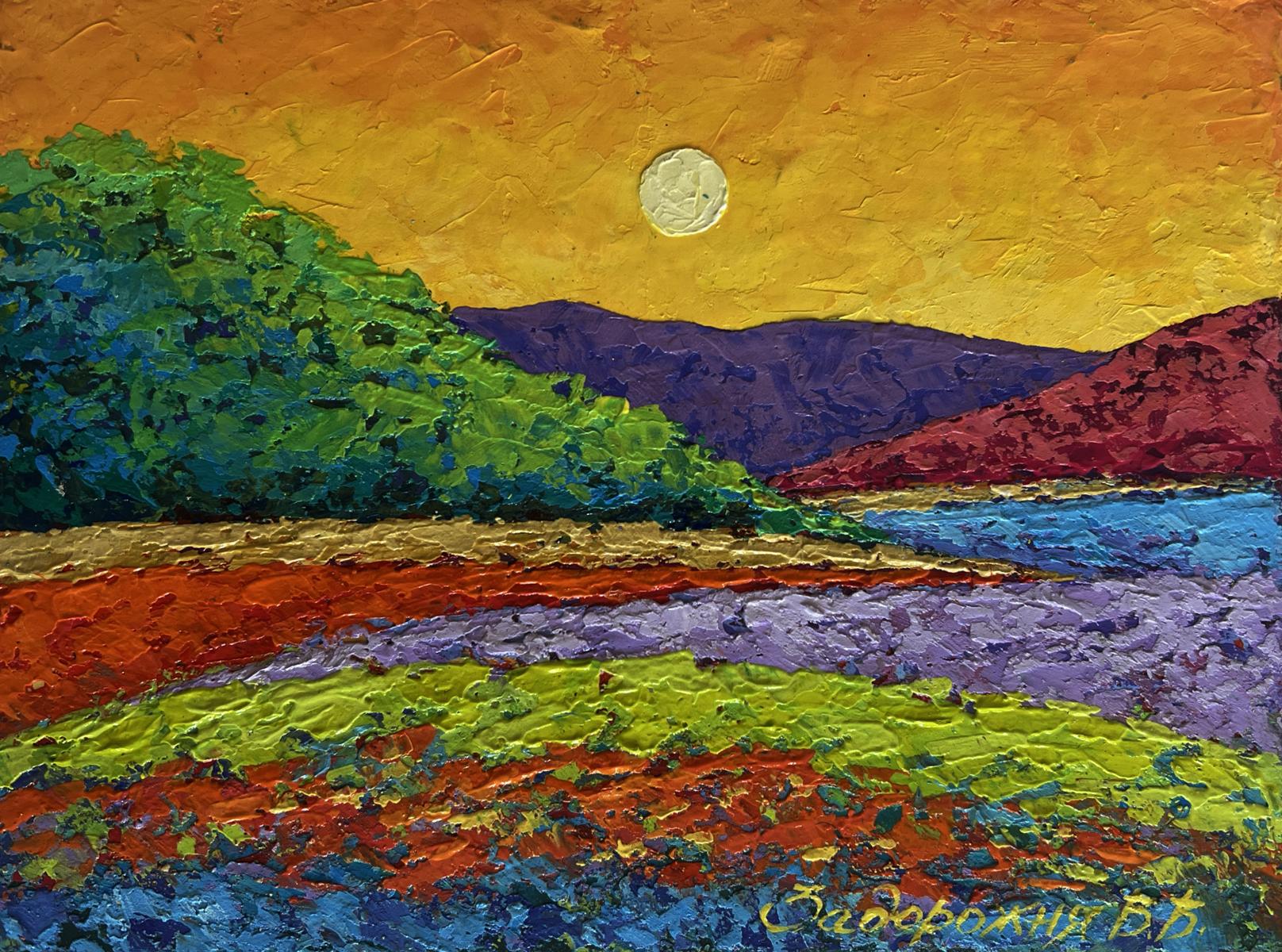 Vibrant textured oil painting of yellow sunset landscape by V. Zadorozhnya