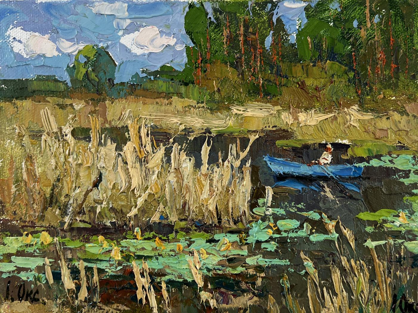Oil painting Where water sleeps by Oksana Ivanyuk: blue rowboat on lily pad pond