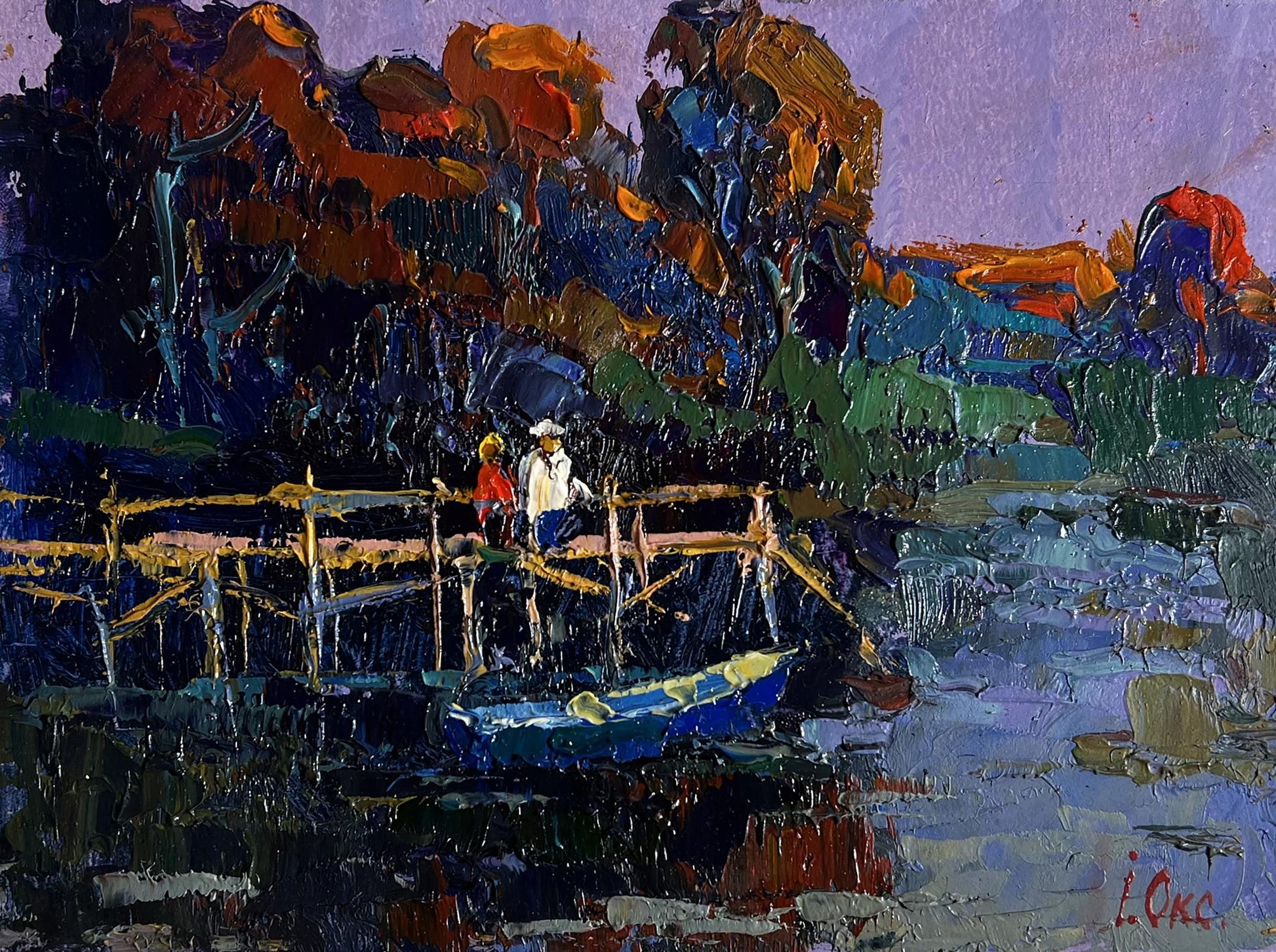 Vibrant oil painting by Oksana Ivanyuk: people on pier bridge over water
