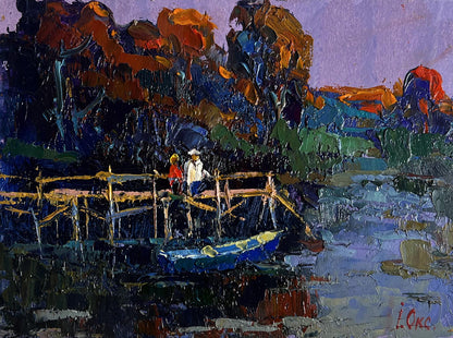 Vibrant oil painting by Oksana Ivanyuk: people on pier bridge over water